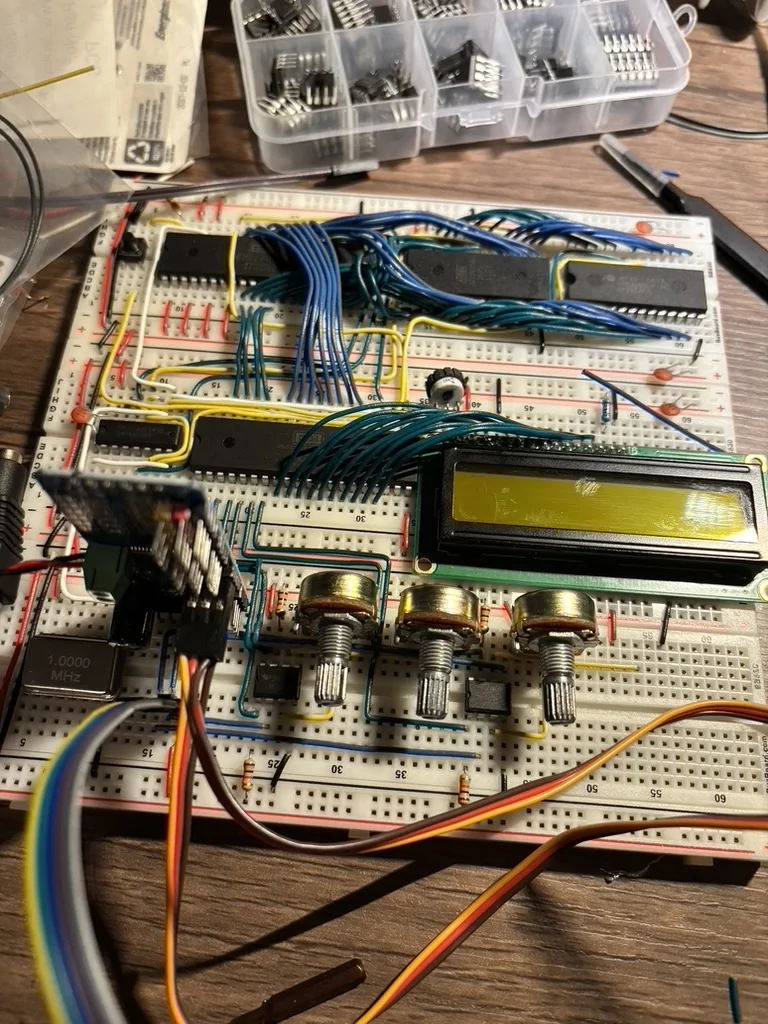 The hand-assembled 6502 computer on connected breadboards.