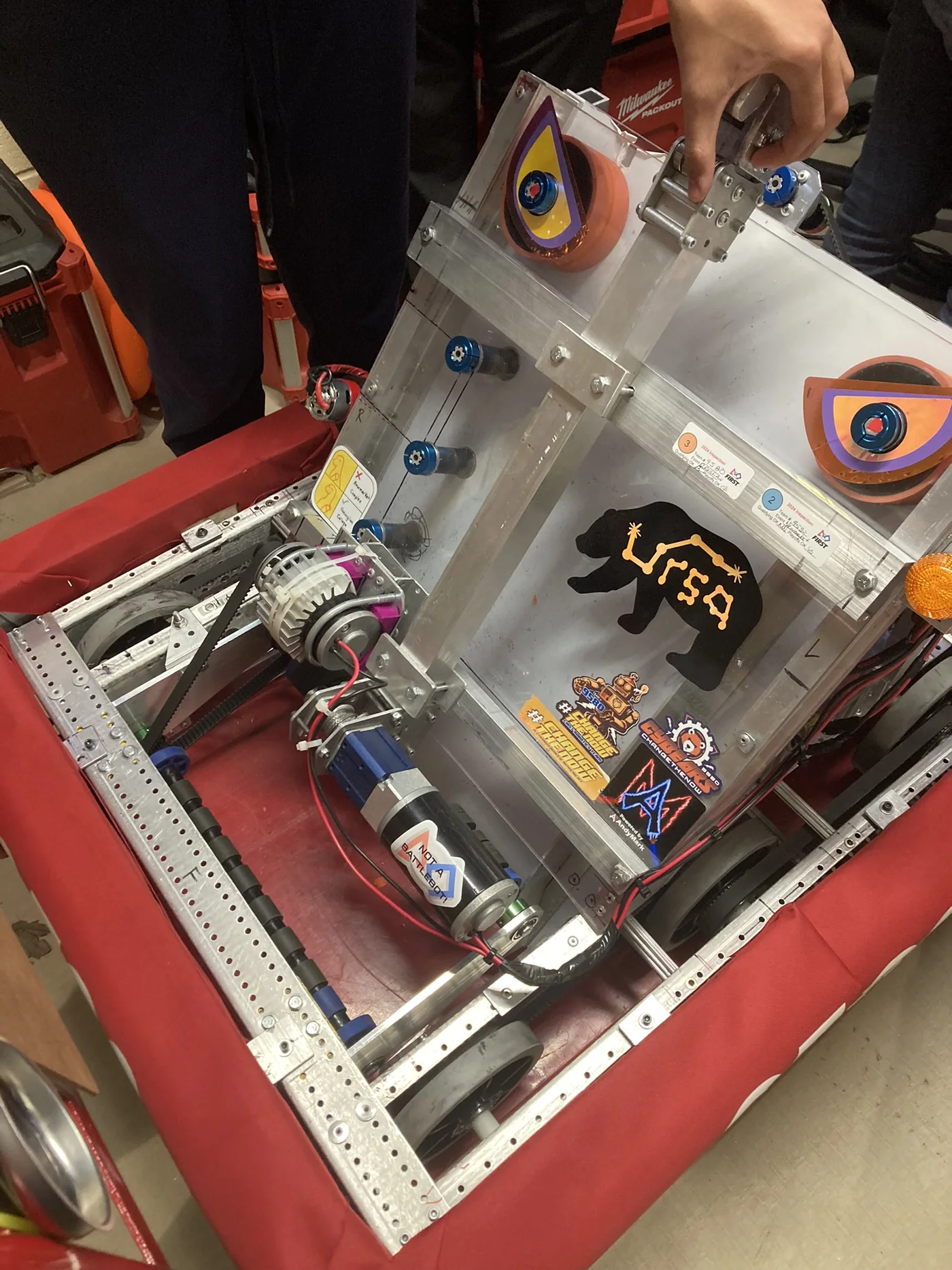 Team 9580’s 2024 FRC robot, showing the intake and main mechanism.