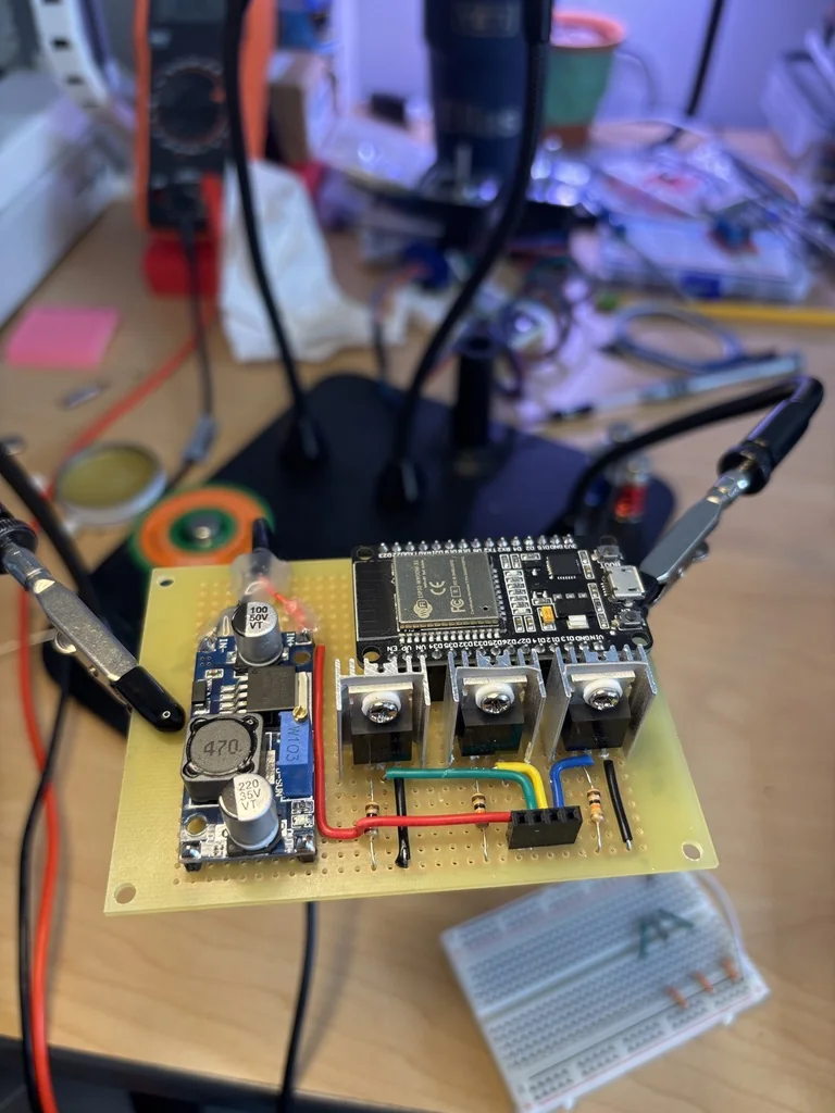 The weather-light electronics assembled on a prototype board, connected to the LED system.